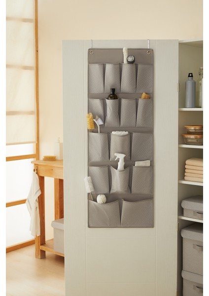Gri 16 Cepli Çok Amaçlı Askılı Dolap İçi Banyo Mutfak Düzenleyici Terlik Organizer 45x125 cm