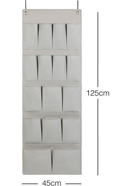 Gri 16 Cepli Çok Amaçlı Askılı Dolap İçi Banyo Mutfak Düzenleyici Terlik Organizer 45x125 cm