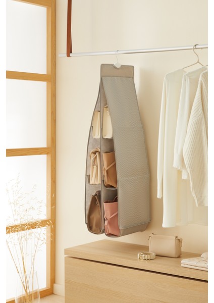 Gri 6 Bölmeli Askılı Dolap İçi Çanta Düzenleyici Organizer 30x97 cm