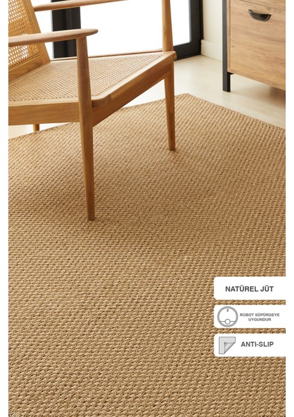 Yıkanabilir Jüt Görünümlü Naturel Renk Hasır Desenli Halı Kilim 200 x 290 cm