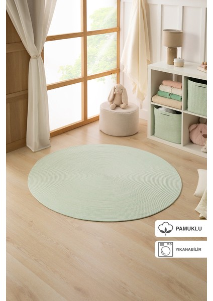 Yıkanabilir Mint Kırçıllı Pamuklu Halı Kilim 120 cm çap