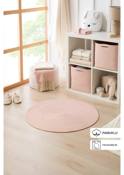 Yıkanabilir Pembe Kırçıllı Pamuklu Halı Kilim 80 cm çap