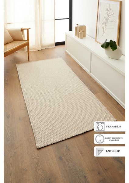 Yıkanabilir Jüt Görünümlü Krem Renk Hasır Desenli Halı Kilim 80x150 cm