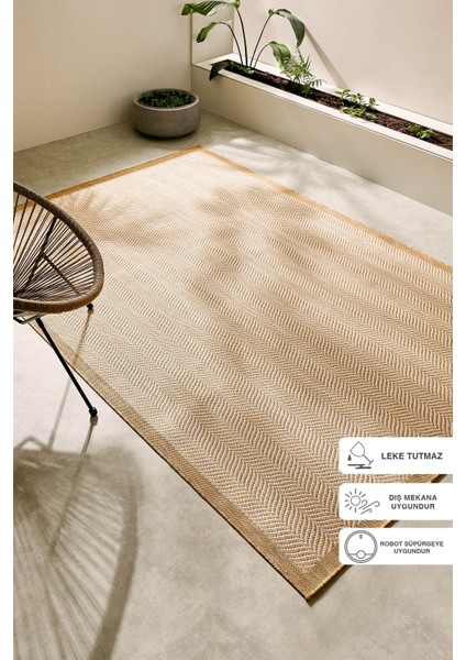 Leke Tutmaz Iç Dış Mekan Bej Renk Balıksırtı Halı Kilim 160 x 230 cm