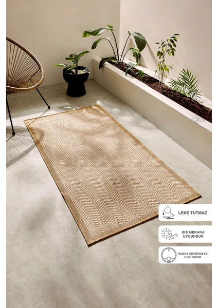 Ocean Home Textile Leke Tutmaz Iç Dış Mekan Bej Renk Balıksırtı Halı Kilim 80 x 150 cm