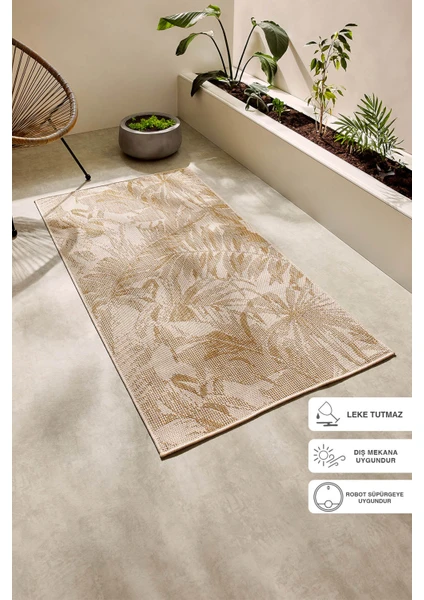 Ocean Home Textile Leke Tutmaz Iç Dış Mekan Bej Renk Tropikal Desenli Halı Kilim 80 x 150 cm