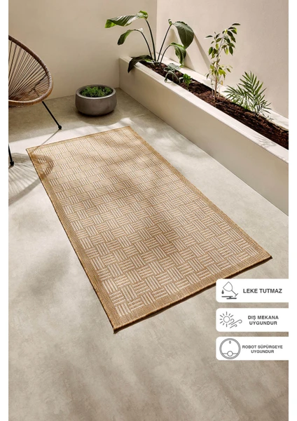 Ocean Home Textile Leke Tutmaz Iç Dış Mekan Bej Renk Hasır Desenli Halı Kilim 80 x 150 cm