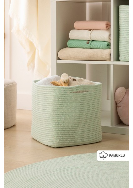 Ocean Home Textile Mint Kırçıllı Dolap İçi Çamaşır Oyuncak Düzenleyici Pamuklu Saklama Sepeti Organizer 30x30x30 cm