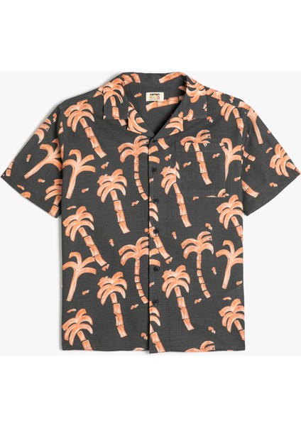 Kısa Kollu Gömlek Palmiye Baskılı Pamuklu