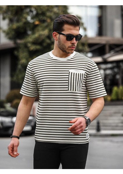Bisiklet Yaka Tek Cepli Çizgili T-Shirt - Haki