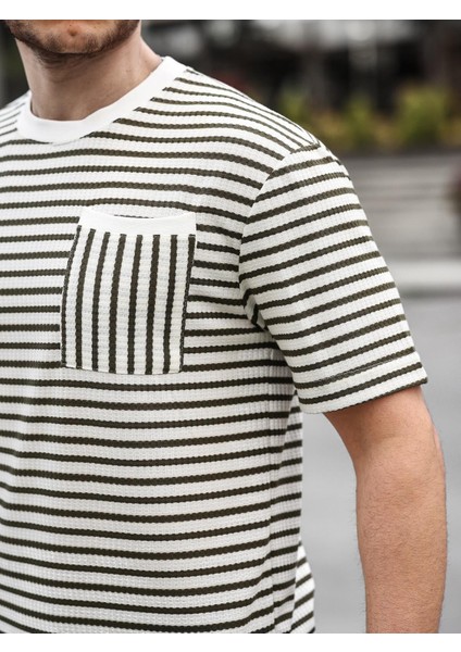 Bisiklet Yaka Tek Cepli Çizgili T-Shirt - Haki