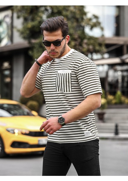Bisiklet Yaka Tek Cepli Çizgili T-Shirt - Haki