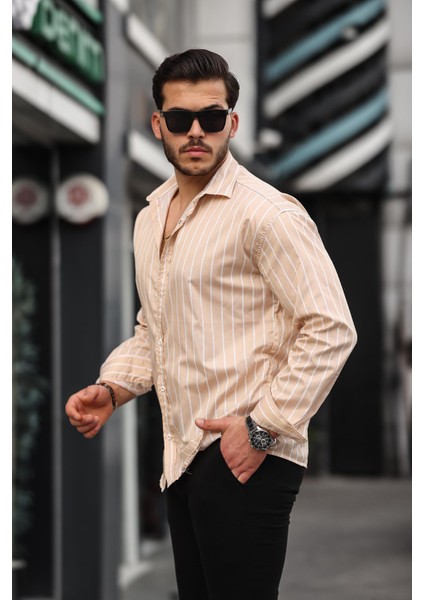 Oversize Çizgili Saten Gömlek- Bej fiyatları