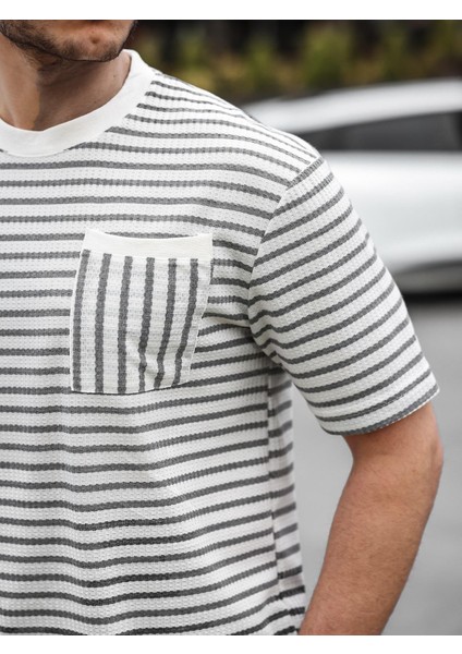 Bisiklet Yaka Tek Cepli Çizgili T-Shirt - Gri fiyatları