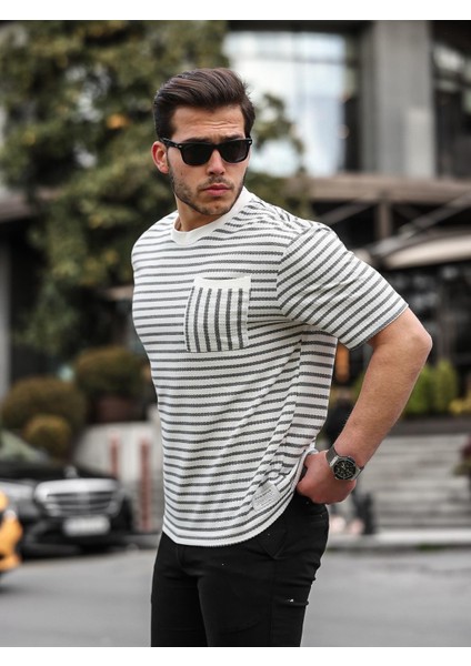 Bisiklet Yaka Tek Cepli Çizgili T-Shirt - Gri modelleri