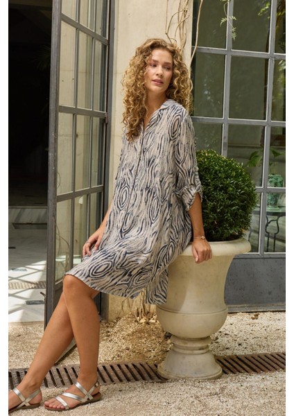 Kadın Uzun Kol Düğmeli Lacivert Elbise C9T8N0O12