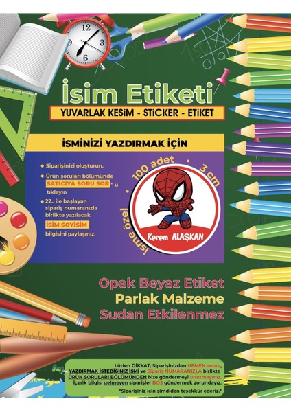 Okul Etiketi Kalem Defter Etiketi Baby Spider Örümcek Adam 100 Adet 3 cm Opak Sticker