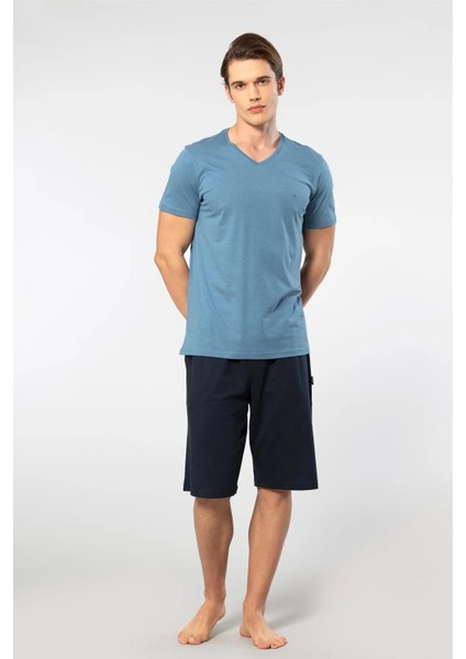 V Yaka T-Shirt ve Cepli Bermuda Şort Takım, %50 Pamuk %50 Modal