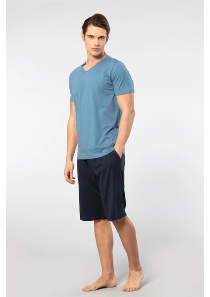 V Yaka T-Shirt ve Cepli Bermuda Şort Takım, %50 Pamuk %50 Modal