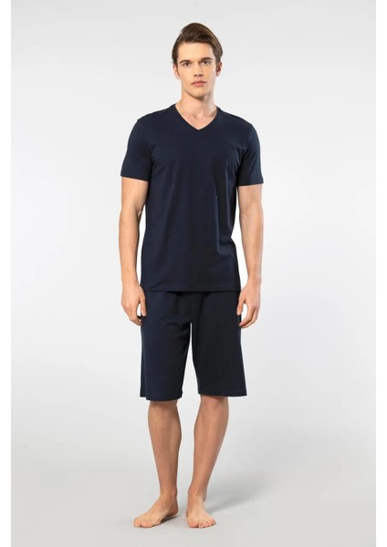 V Yaka T-Shirt ve Cepli Bermuda Şort Takım, %50 Pamuk %50 Modal