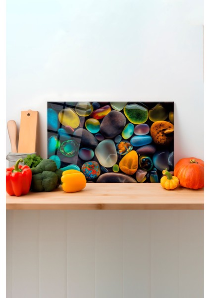 Renkli Taşlar Cam Kesme Tahtası, Silikon Ayaklı, Sunum Kesim Doğrama Tablası, Temperli ve Rodajlı