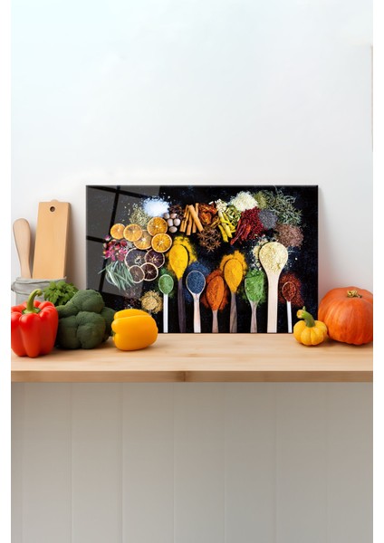 Renkli Baharatlı Cam Kesme Tahtası, Silikon Ayaklı, Sunum Kesim Doğrama Tablası, Temperli ve Rodajlı