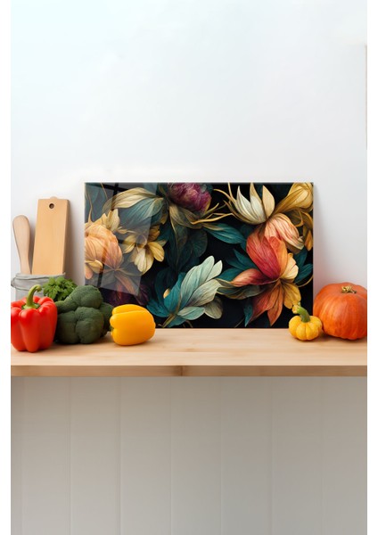 Renkli Yapraklar Cam Kesme Tahtası, Silikon Ayaklı, Sunum Kesim Doğrama Tablası, Temperli ve Rodajlı