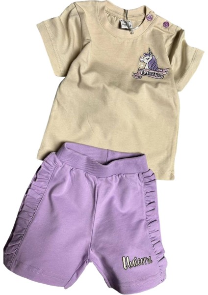 Kız Bebek Unicorn Nakış Işlemeli Tişört Yanları Fırfırlı Lila Şortlu Takım