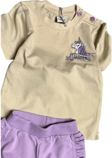 Kız Bebek Unicorn Nakış Işlemeli Tişört Yanları Fırfırlı Lila Şortlu Takım fiyatları