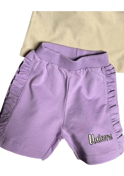 Kız Bebek Unicorn Nakış Işlemeli Tişört Yanları Fırfırlı Lila Şortlu Takım modelleri