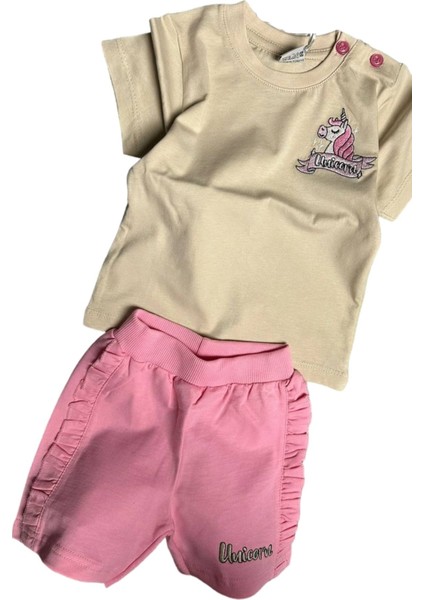 Kız Bebek Unicorn Nakış Işlemeli Tişört Yanları Fırfırlı Pembe Şortlu Takım