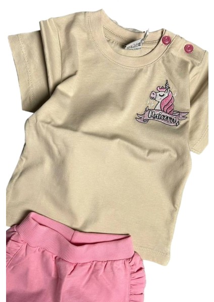 Kız Bebek Unicorn Nakış Işlemeli Tişört Yanları Fırfırlı Pembe Şortlu Takım fiyatları
