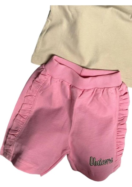 Kız Bebek Unicorn Nakış Işlemeli Tişört Yanları Fırfırlı Pembe Şortlu Takım modelleri