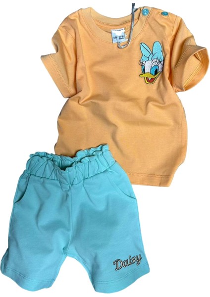 Kız Bebek Minnie Nakış Işlemeli Yazı Baskılı Mavi Şortlu Takım