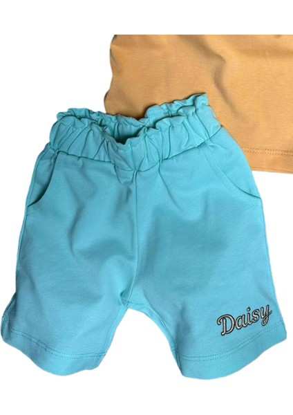 Kız Bebek Minnie Nakış Işlemeli Yazı Baskılı Mavi Şortlu Takım modelleri