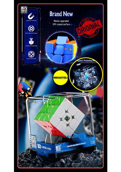 Moyu Meilong 3x3 Magnetic Cube 3m- Mıknatıslı Stickersız Standlı Şeffaf Kutulu Akıl Zeka Küp