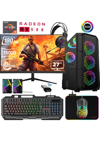 XSR460 I5 10400F 16GB Ram 256GB M.2 Nvme SSD 8gb RX580 Ekran Kartı 27"curved 180Hz Oyun Bilgisayarı