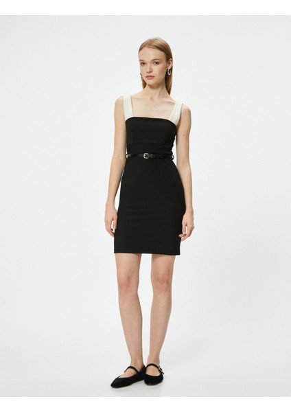 Mini Elbise Kemerli Kalın Askılı Kare Yaka modelleri