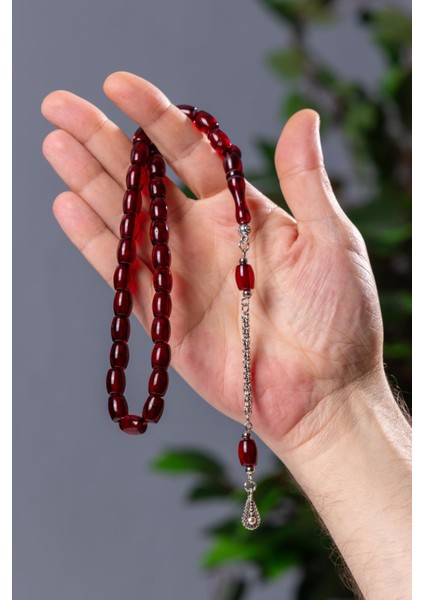 Fıçı Tane Kapalı Kırmızı Toz Kehribar Tesbih modelleri