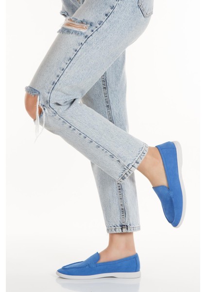 Kadın Mavi Hakiki Süet Deri Babet Ayakkabı - SMX-0243