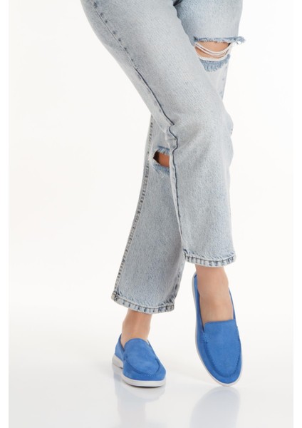 Kadın Mavi Hakiki Süet Deri Babet Ayakkabı - SMX-0243 fiyatları