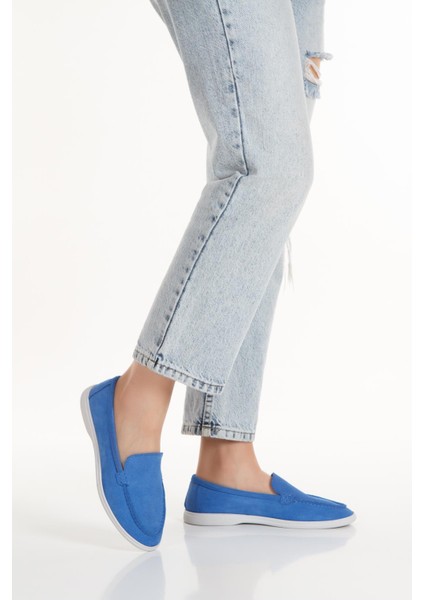 Kadın Mavi Hakiki Süet Deri Babet Ayakkabı - SMX-0243 modelleri