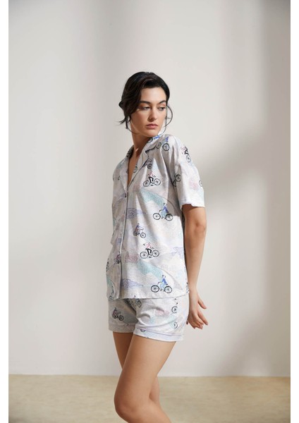 Kadın Pamuklu Gömlek Yaka Kısa Kollu Pijama Üstü