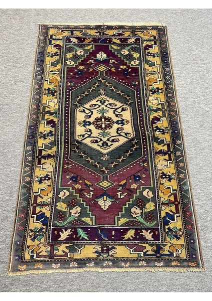 El Dokuma Eskitme Yahyalı Halısı 97X164 Sarı Mor %100 Yün Halı