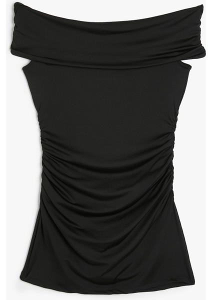 Mini Slip Elbise Kayık Yaka Drapeli Slim Fit Kolsuz