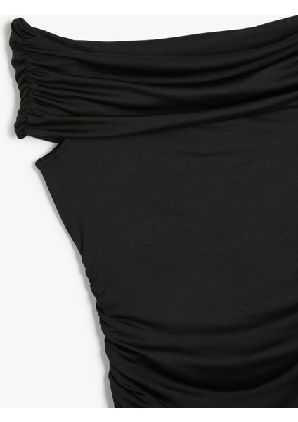 Mini Slip Elbise Kayık Yaka Drapeli Slim Fit Kolsuz