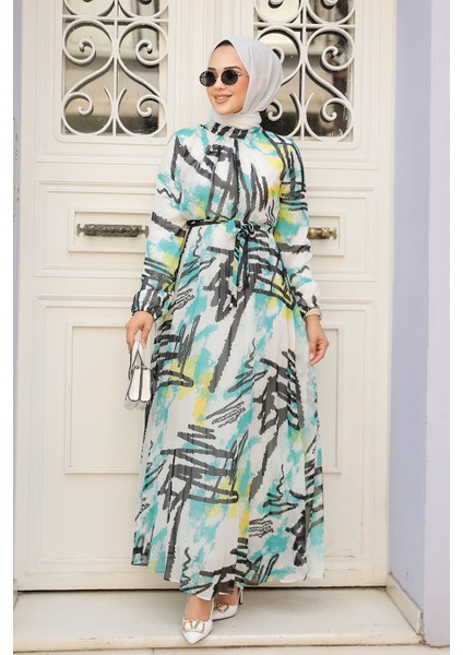 Desenli Mint Tesettür Elbise 34463MINT