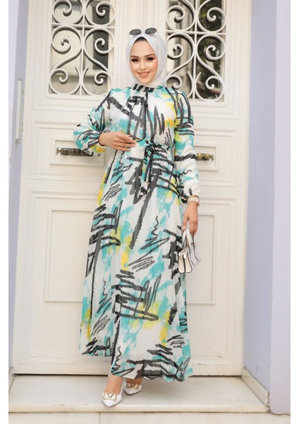 Desenli Mint Tesettür Elbise 34463MINT fiyatları