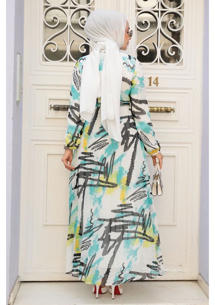 Desenli Mint Tesettür Elbise 34463MINT modelleri