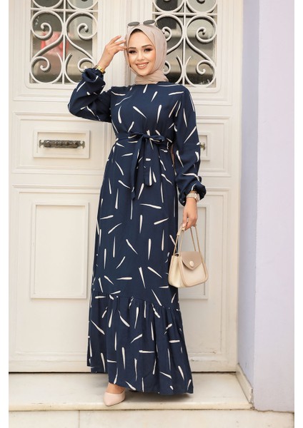 Desenli Lacivert Tesettür Elbise 23431L